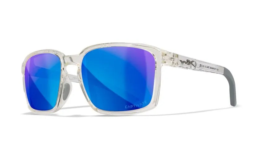 WX ALFA, CAPTIVATE™ Polarized Blue Mirror Lenses, Gloss Clear Crystal Frame