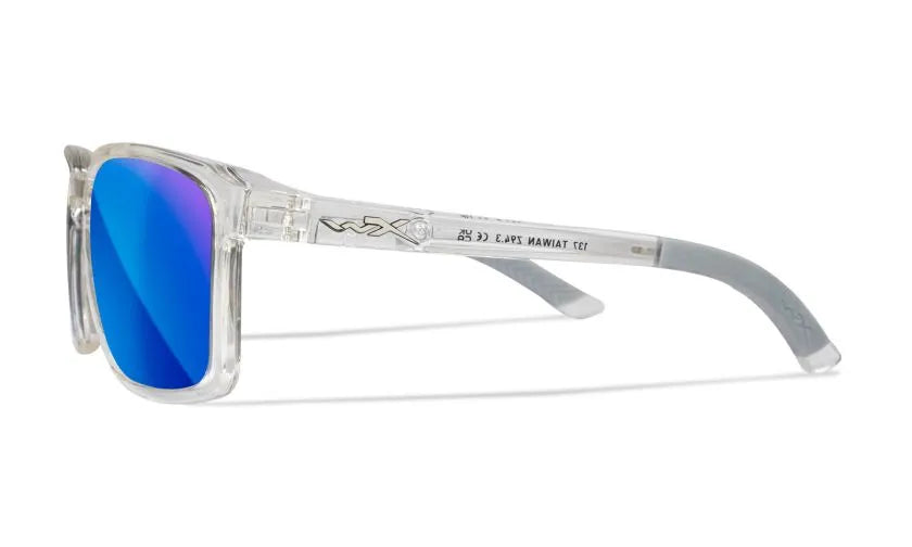 WX ALFA, CAPTIVATE™ Polarized Blue Mirror Lenses, Gloss Clear Crystal Frame