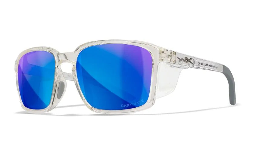 WX ALFA, CAPTIVATE™ Polarized Blue Mirror Lenses, Gloss Clear Crystal Frame