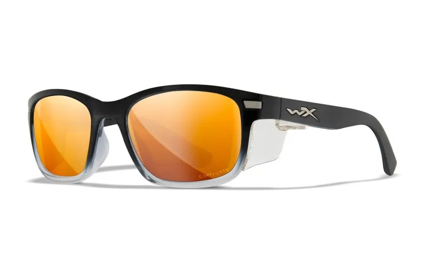 WX HELIX, CAPTIVATE™ Polarized Bronze Mirror Lenses, Gloss Black Fade to Clear Crystal Frame
