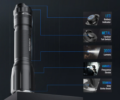 NEXTORCH TA30C MAX SET – Bestaande uit de TA30C MAX tactische LED-zaklamp, het FR-2 geleide hulpmiddel bij weinig licht en de V55L-inzetholster