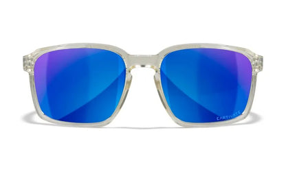 WX ALFA, CAPTIVATE™ Polarized Blue Mirror Lenses, Gloss Clear Crystal Frame