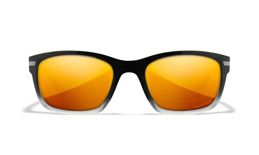 WX HELIX, CAPTIVATE™ Polarized Bronze Mirror Lenses, Gloss Black Fade to Clear Crystal Frame